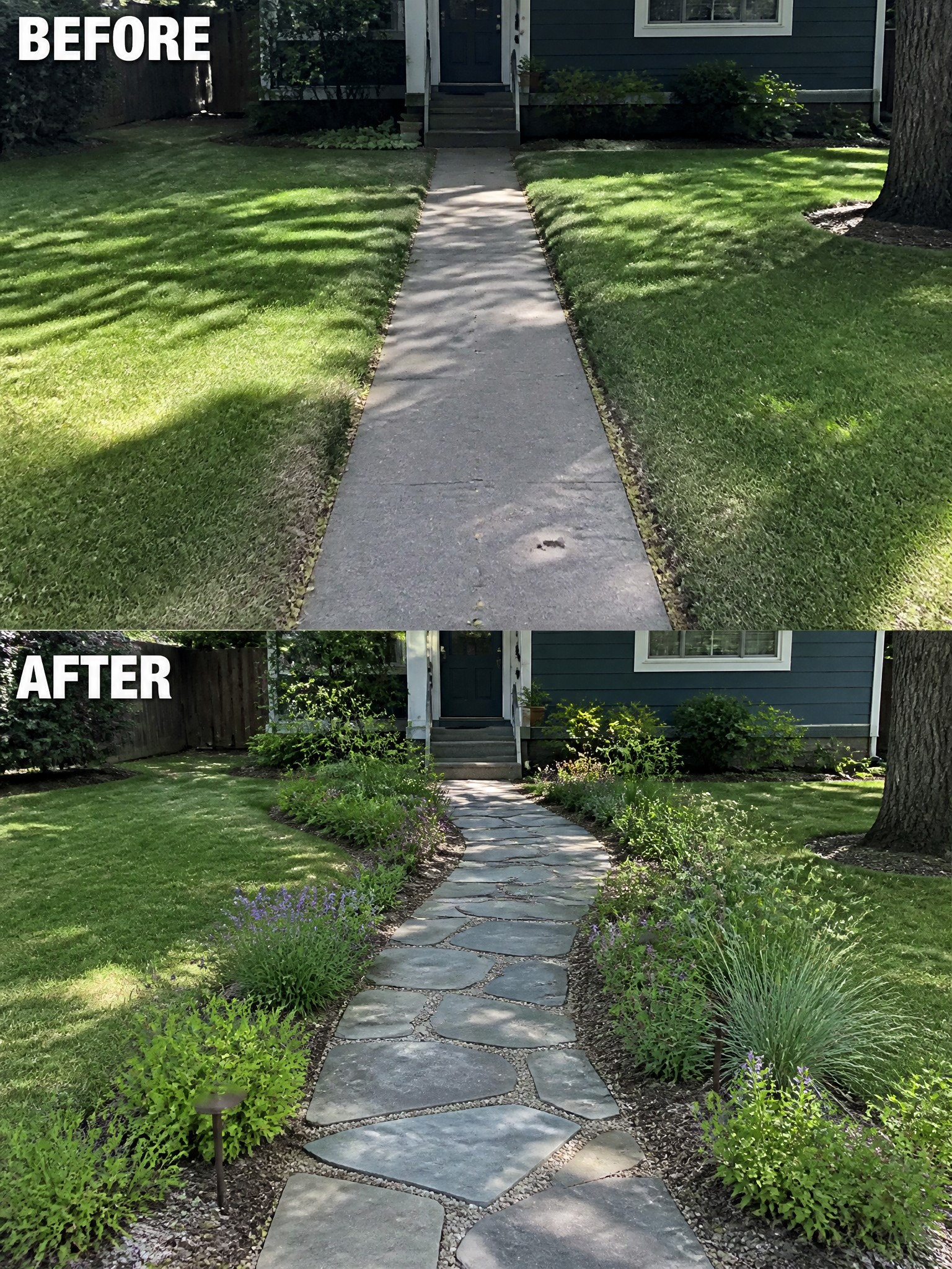 Sidewalk transformation from plain concrete to a stone pathway lined with greenery.