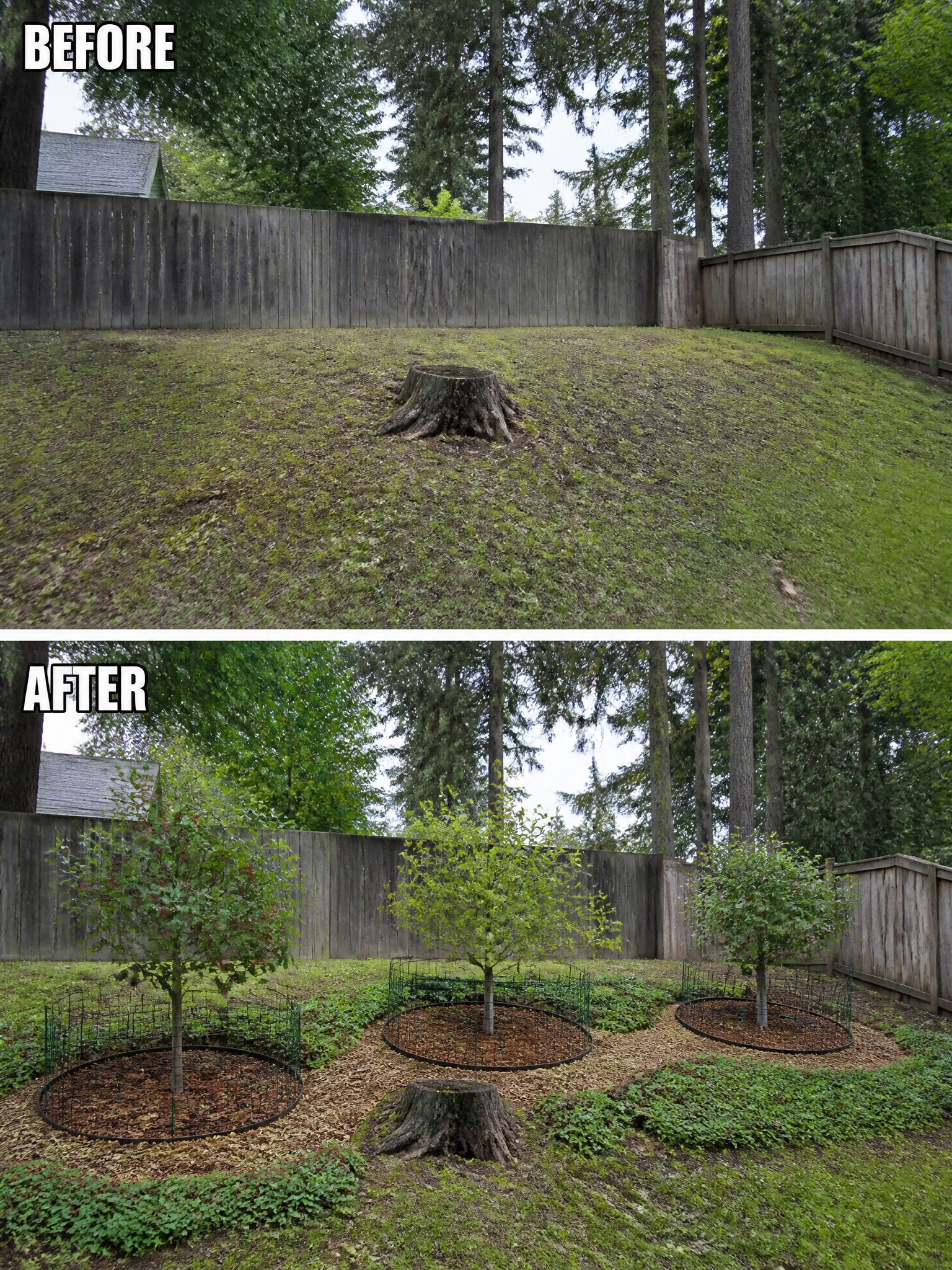 Before-and-after image of a bare backyard slope with a tree stump transformed into a landscaped area with new trees planted in mulched circles and ground cover added.