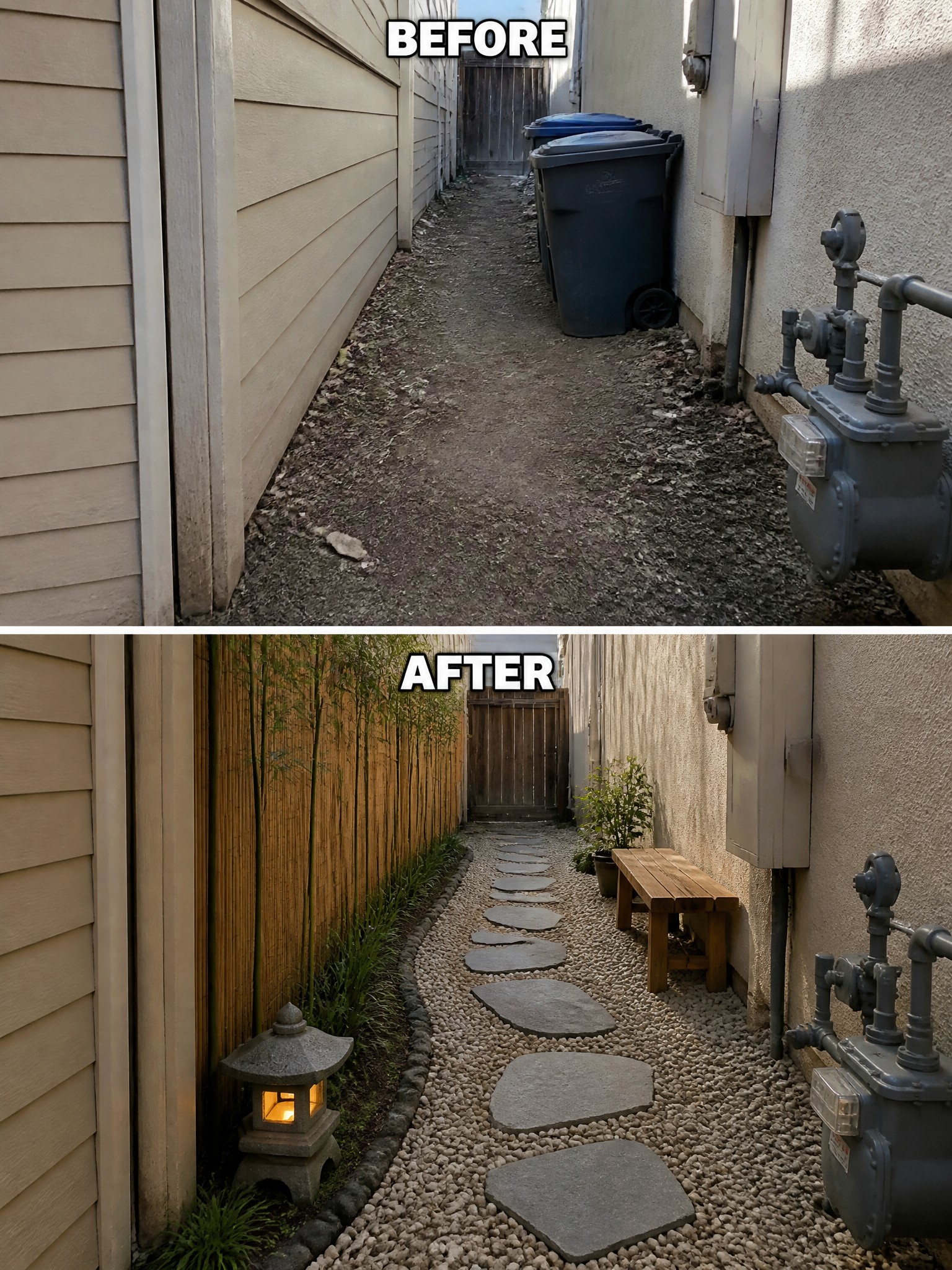 Side yard transformation showing a gravel path and stone lantern, before and after.