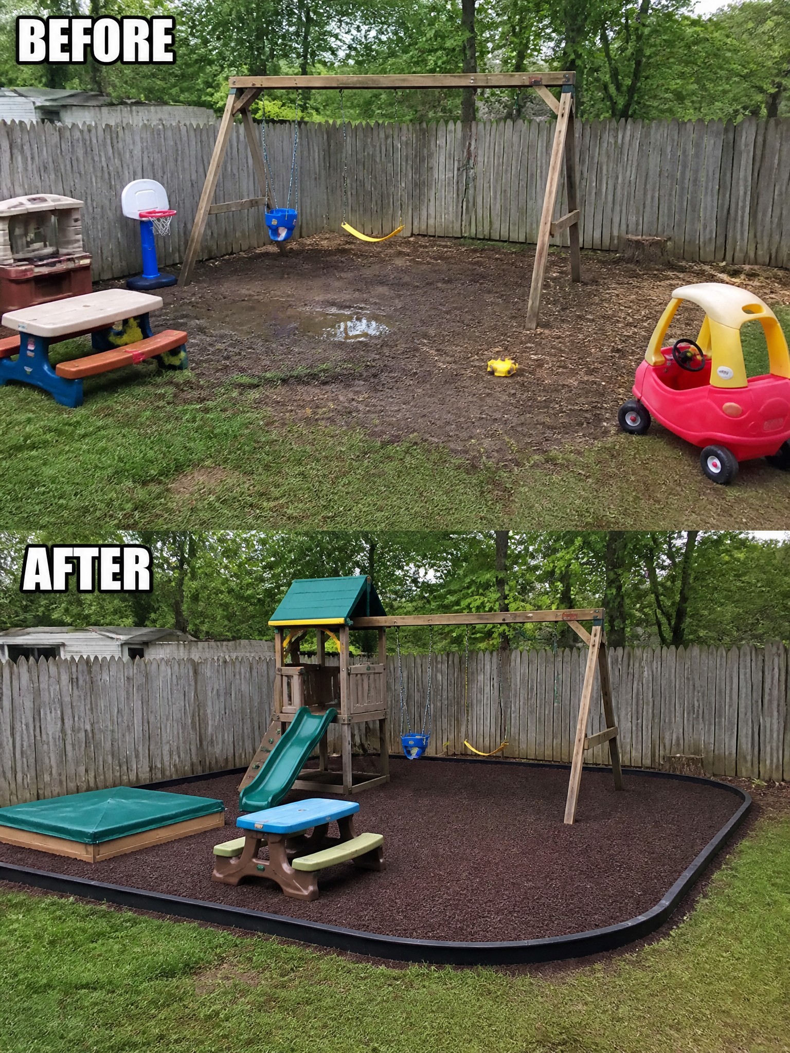 Before-and-after image of a bare dirt backyard changed into a mulched play area with black edging, a swing set, a slide, and a picnic table.