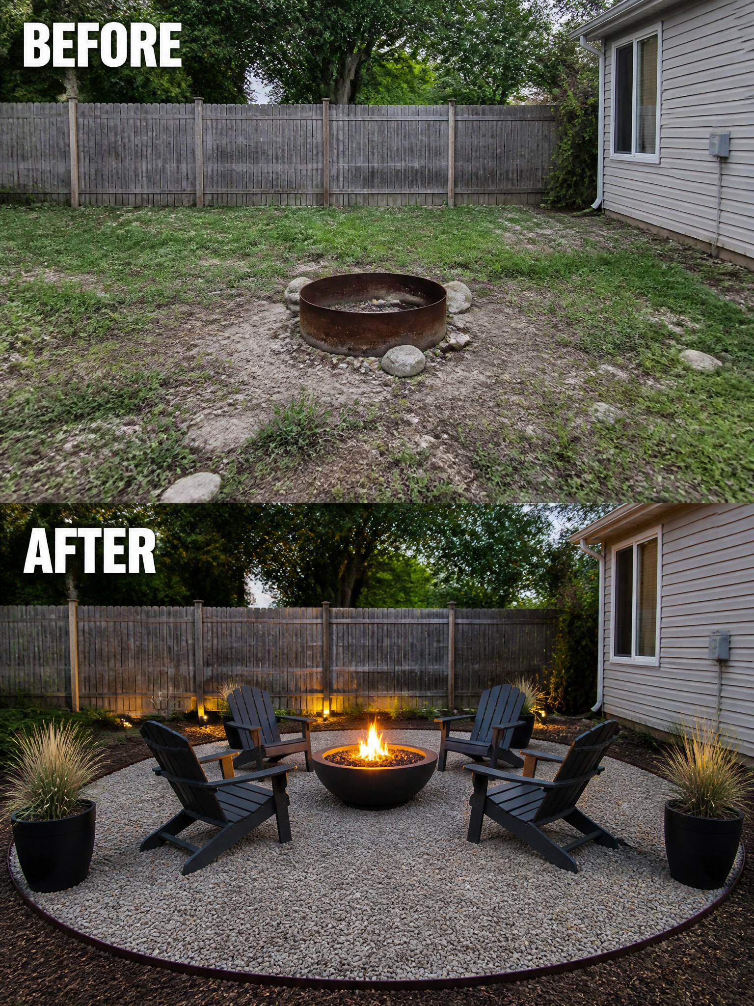 Fire pit area before and after transformation with gravel, chairs, and landscaping.