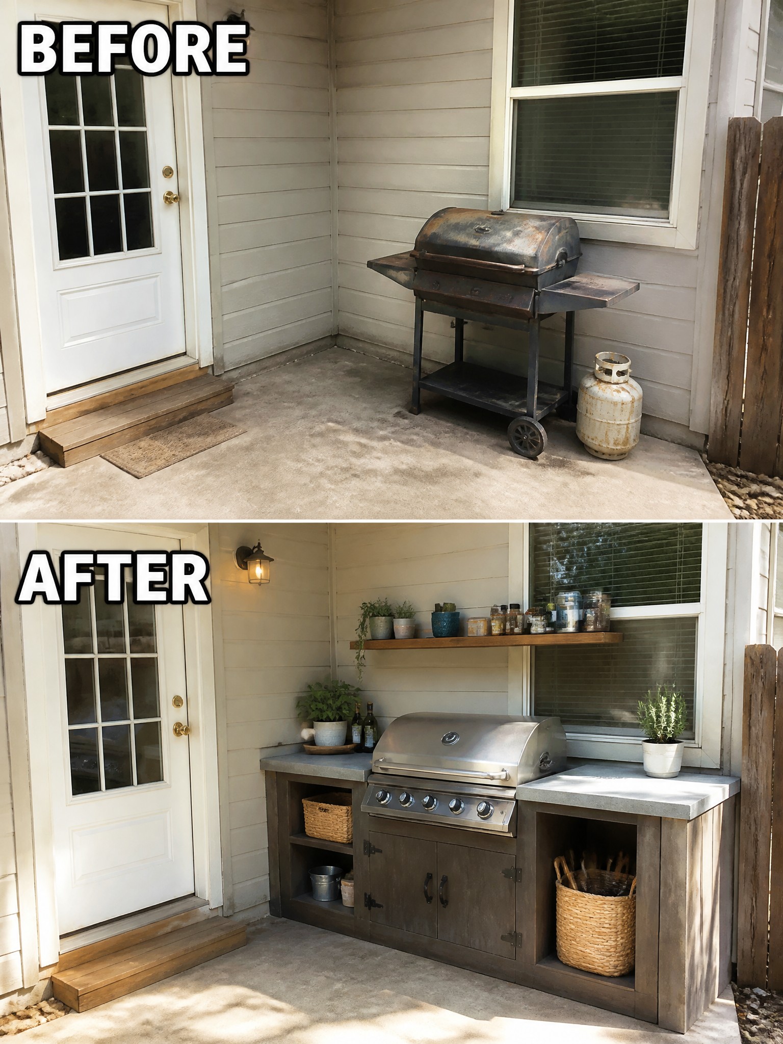 Before and after transformation of a grilling area with updated cabinetry and decor.