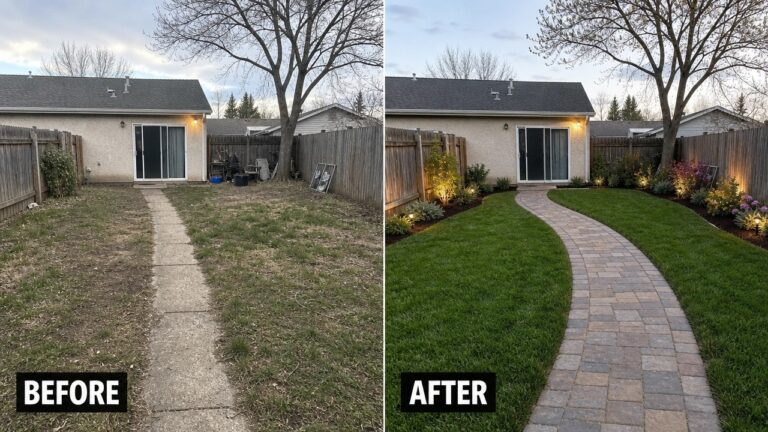 24 Stunning Backyard Makeover Ideas That Feel Like A Fresh Start Before-and-after image of a dry backyard with a straight concrete path changed into a landscaped space with a curved paver walkway, green lawn, and planted garden beds.