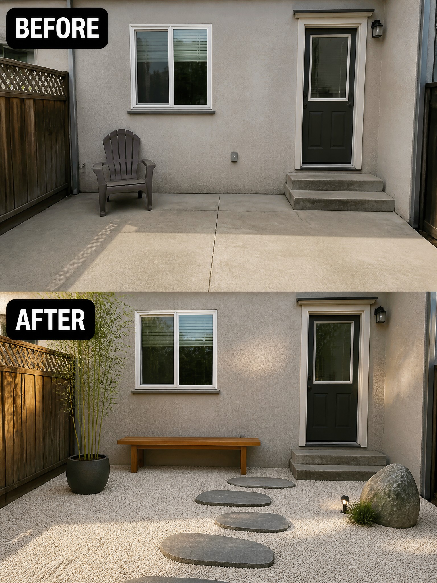 Before and after transformation of a patio with a bench, stones, and bamboo.