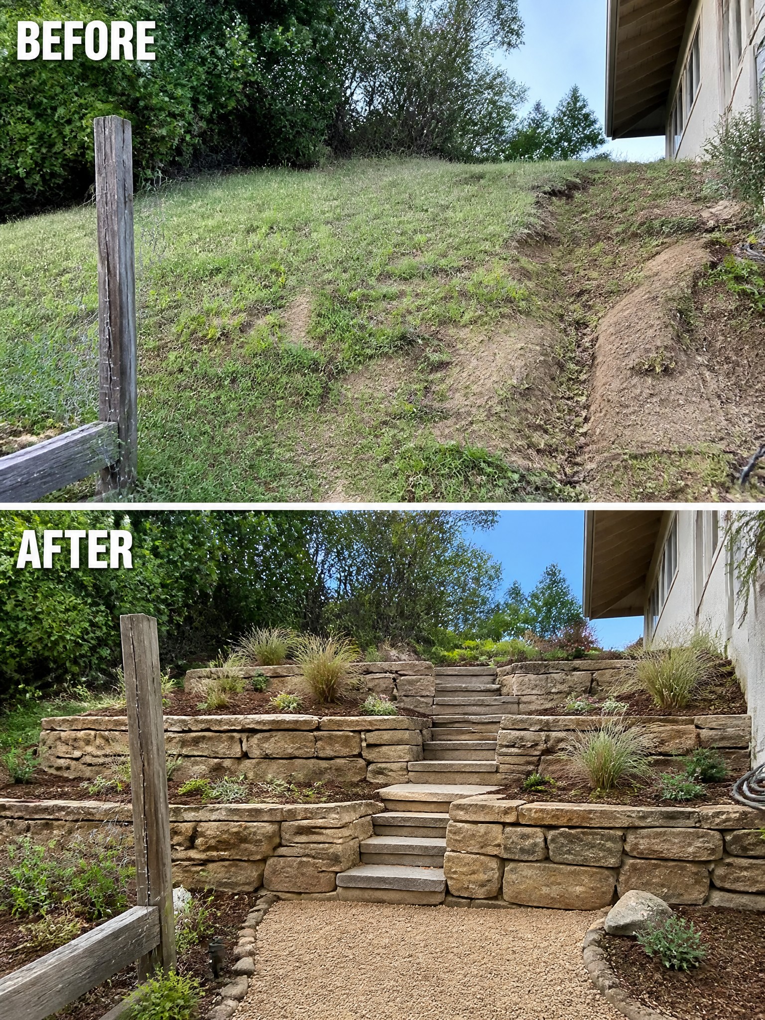 Before and after view of a landscaped sloped yard with stone steps and greenery.