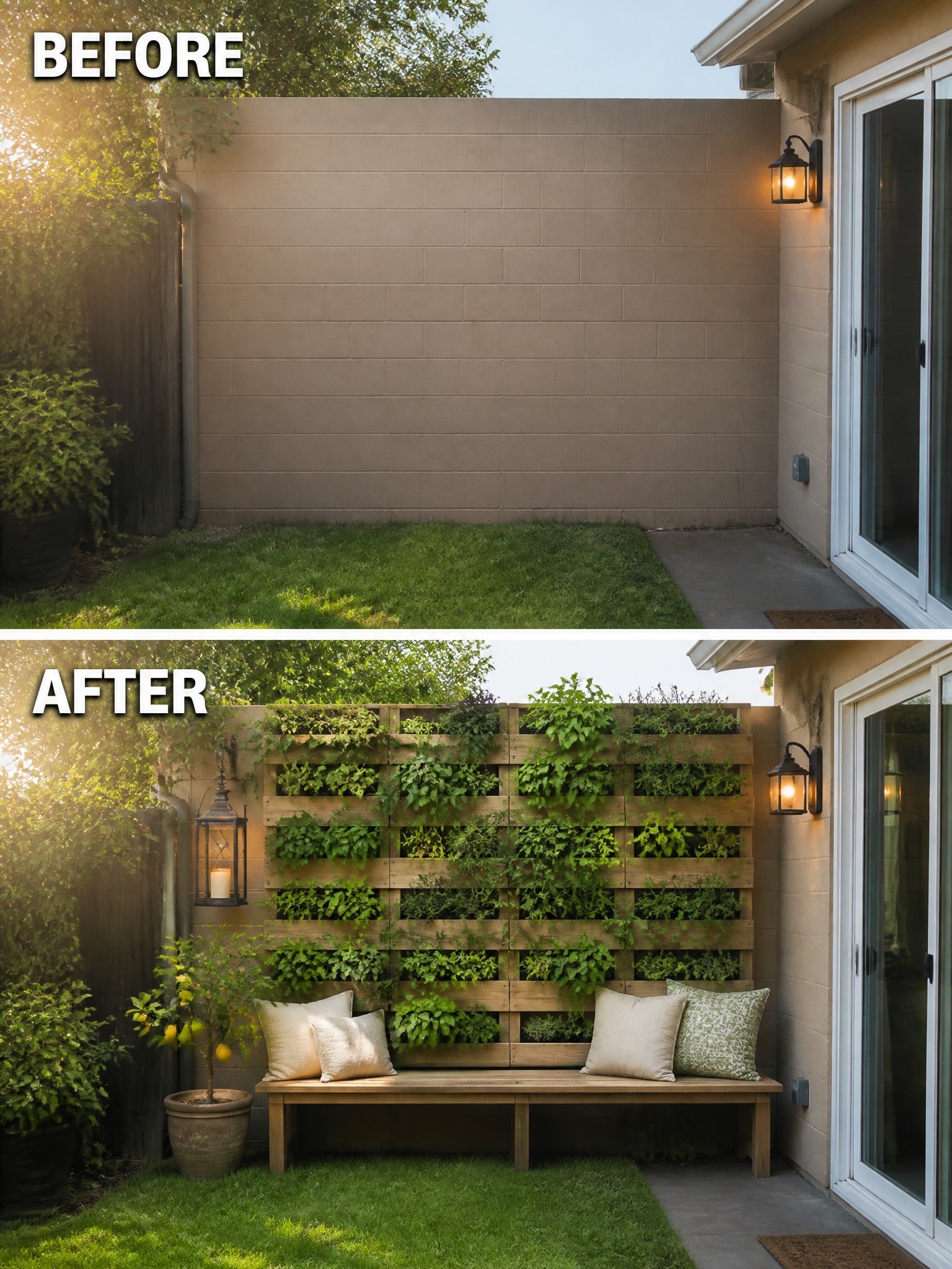Before-and-after garden transformation featuring a lush planted wall and wooden bench.