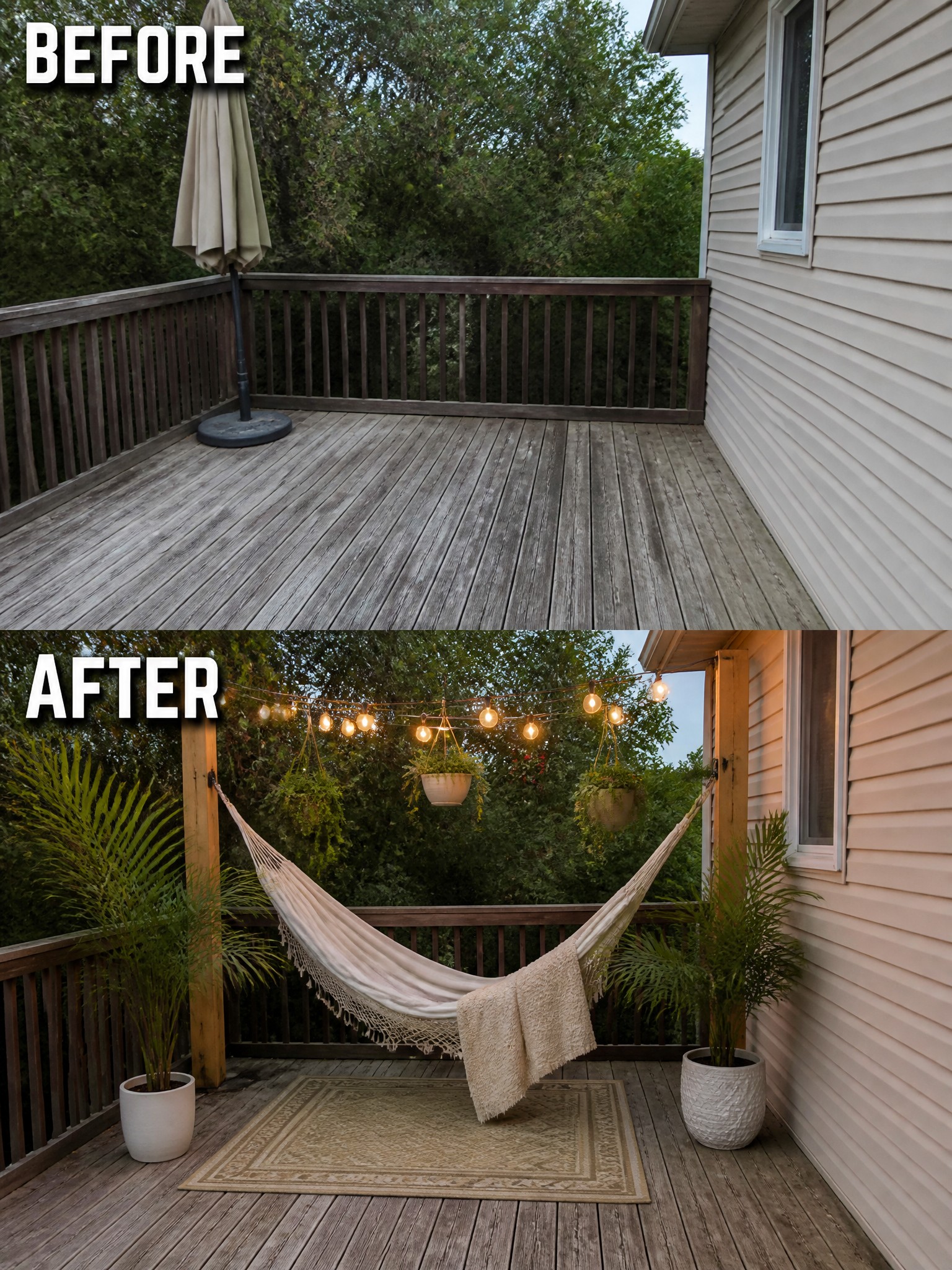 A transformed deck with a hammock, potted plants, and string lights at dusk.