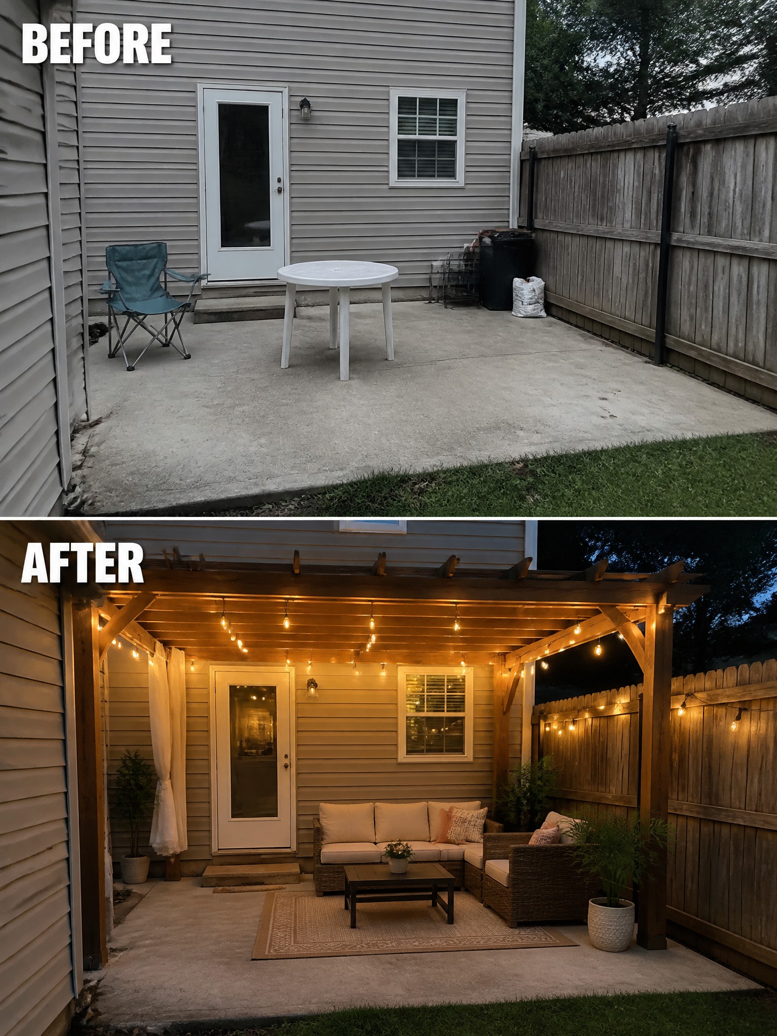 Before and after patio transformation with string lights, furniture, and decor.
