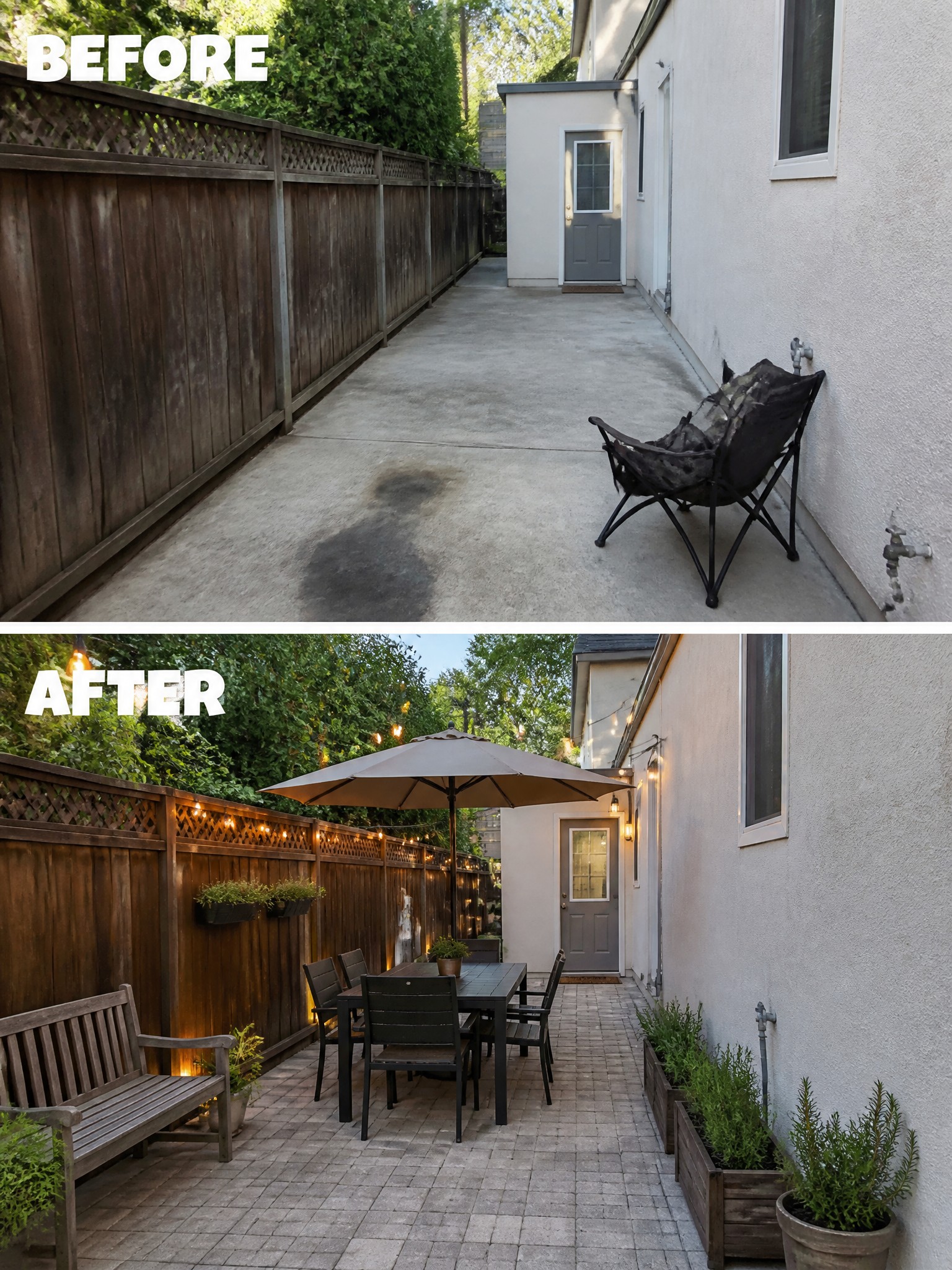 Before and after transformation of a patio, featuring furniture and string lights.