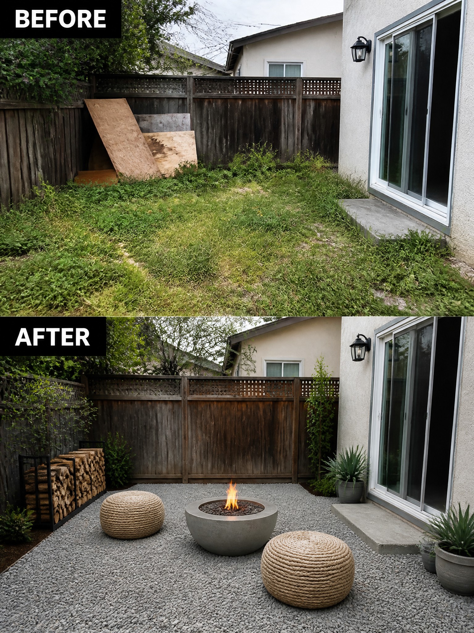 Before and after transformation of a backyard with a fire pit and gravel.
