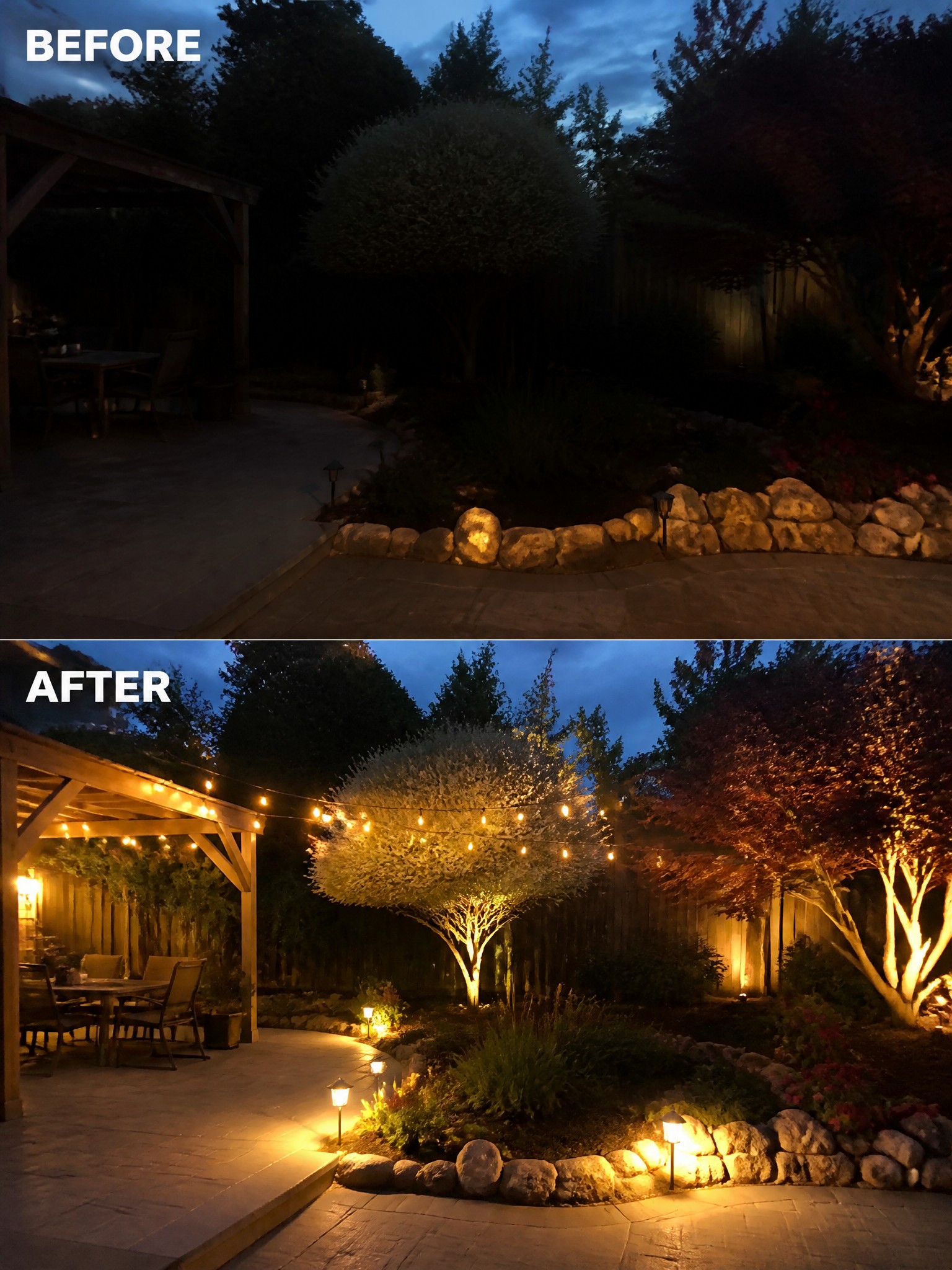 Side-by-side comparison of a garden before and after lighting enhancements, showcasing warm lighting.