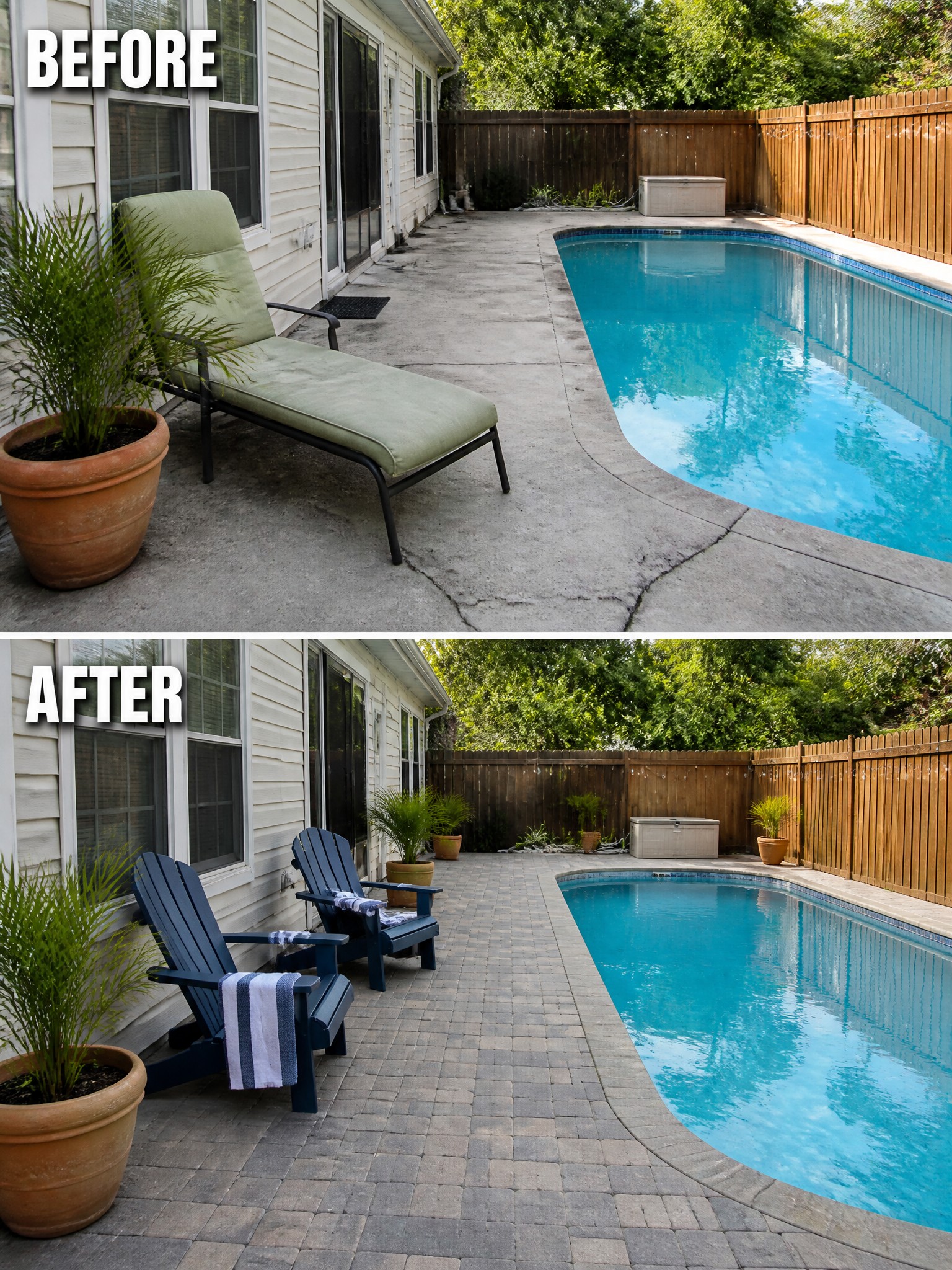 Before-and-after pool area transformation featuring a chaise lounge and Adirondack chairs.