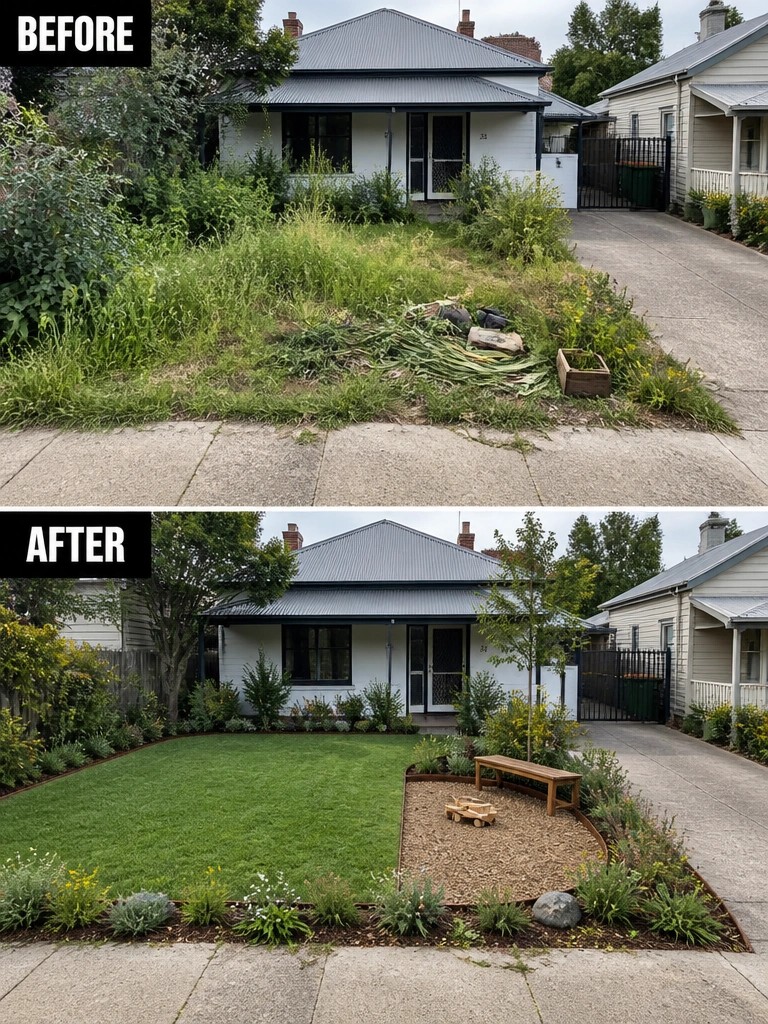 Before and after of overgrown front yard transformed into neat lawn with garden beds.