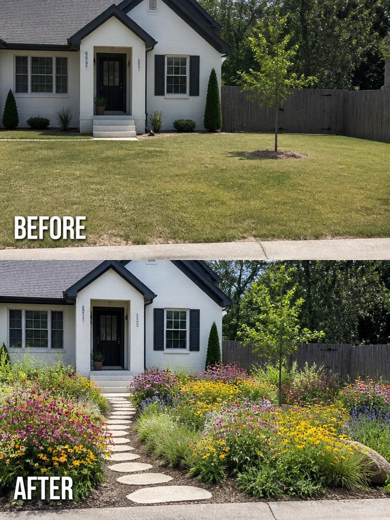 Before and after of white house front yard from plain lawn to colorful flower garden with path