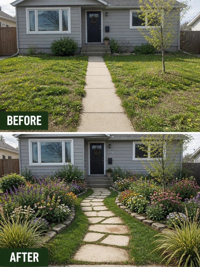 Before-and-after yard transformation: weedy lawn to colorful flower beds with stone path