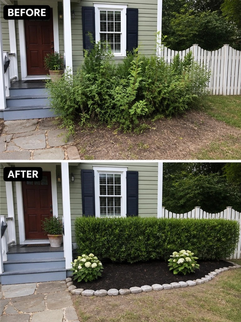 Before-and-after landscaping: overgrown shrubs replaced by trimmed hedge, mulch, and white flowers.