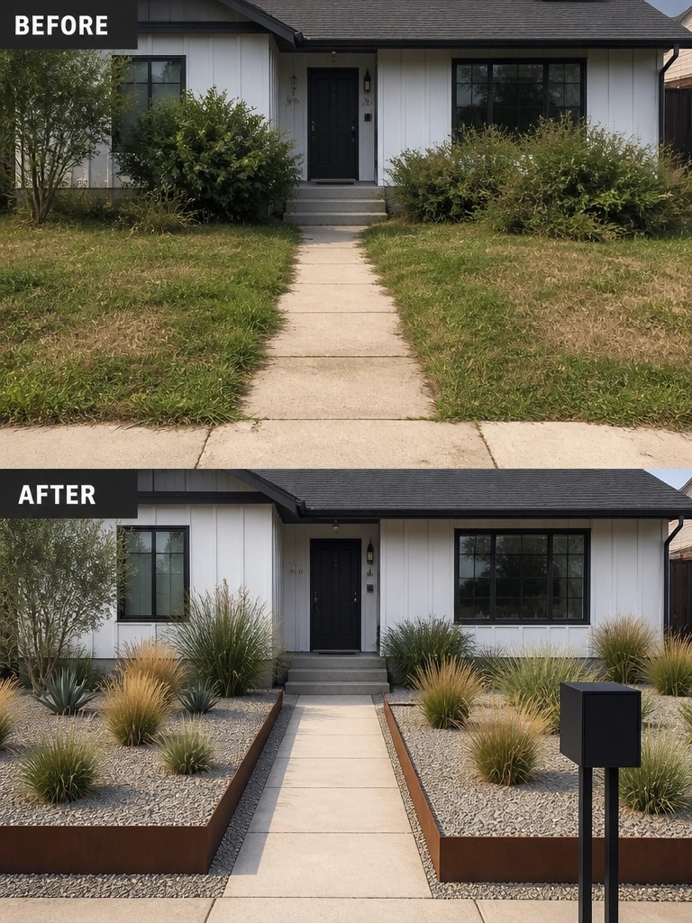 Before and after of white house: patchy lawn replaced by gravel beds, grasses and metal edging.