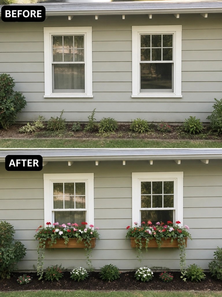 Before-and-after house windows with colorful flower boxes added below.