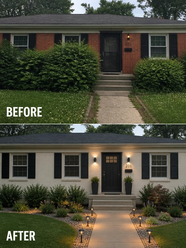 Before and after house renovation from red brick to white with new landscaping and lights