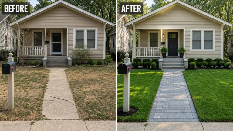 24 Stunning Front Yard Makeover Ideas for Instant Curb Appeal Before and after of beige house with new lawn, path, shrubs and door.