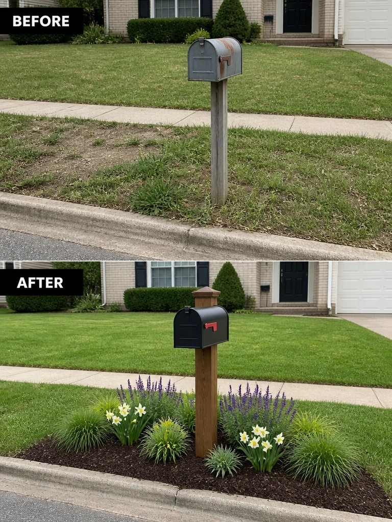 Before-and-after image of a mailbox area updated with a new wooden post and mulched garden beds filled with flowers and plants.