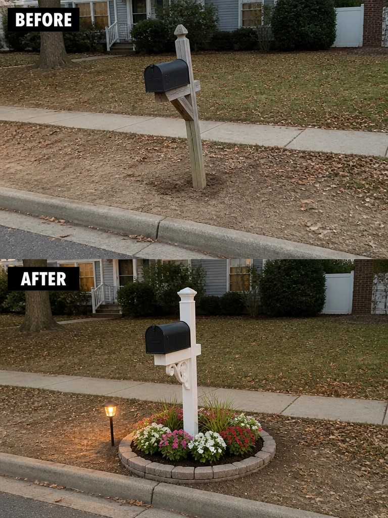 Before-and-after image of a mailbox post changed from a bare wooden post in dirt to a white post surrounded by a circular brick-edged flower bed with plants and a small light.
