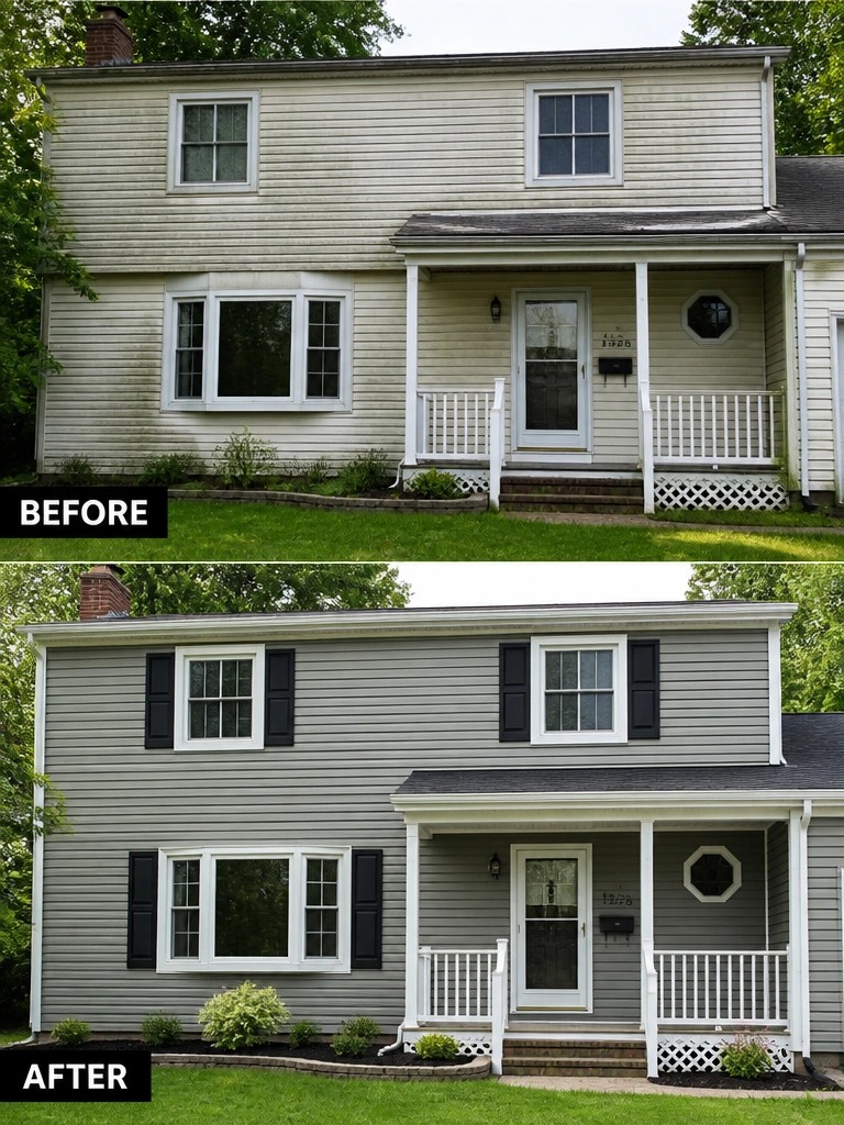 Before and after of two-story house repainted gray with black shutters added.