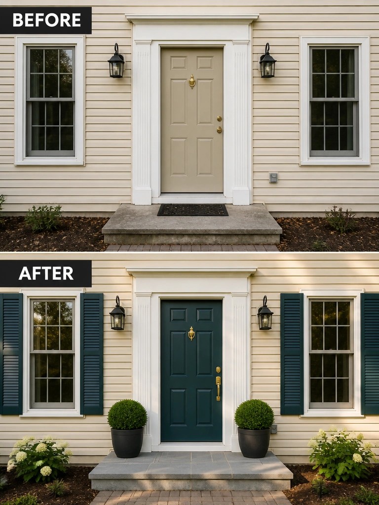 House entrance before and after: beige door replaced by dark green with blue shutters and potted plants.