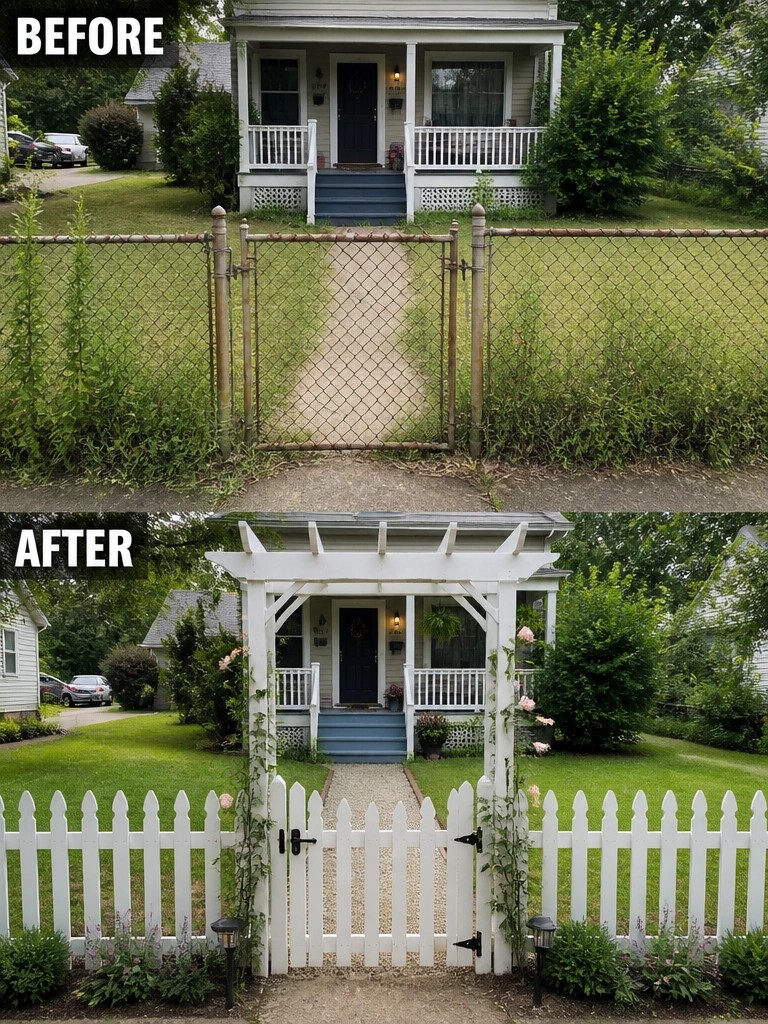 Before-and-after view of house with chain-link fence replaced by white picket fence and pergola.