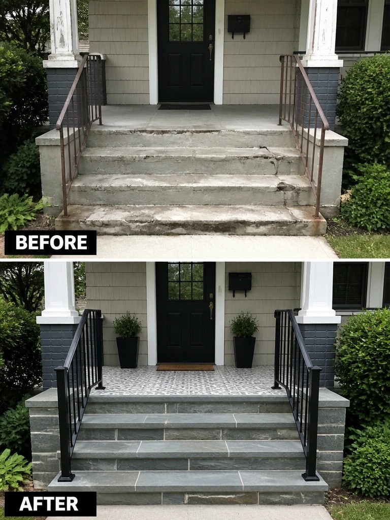 Before-and-after image of a house front porch showing cracked concrete stairs and rusty railings changed to stone steps with black metal railings and a patterned tile landing.
