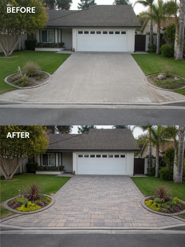 Before-and-after image of a front yard where a plain concrete driveway is replaced with pavers and the side beds receive more structured planting.