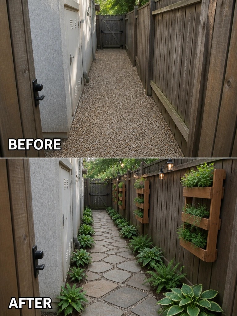 Before-and-after alleyway: gravel path transformed into stone walkway with plants and lights.