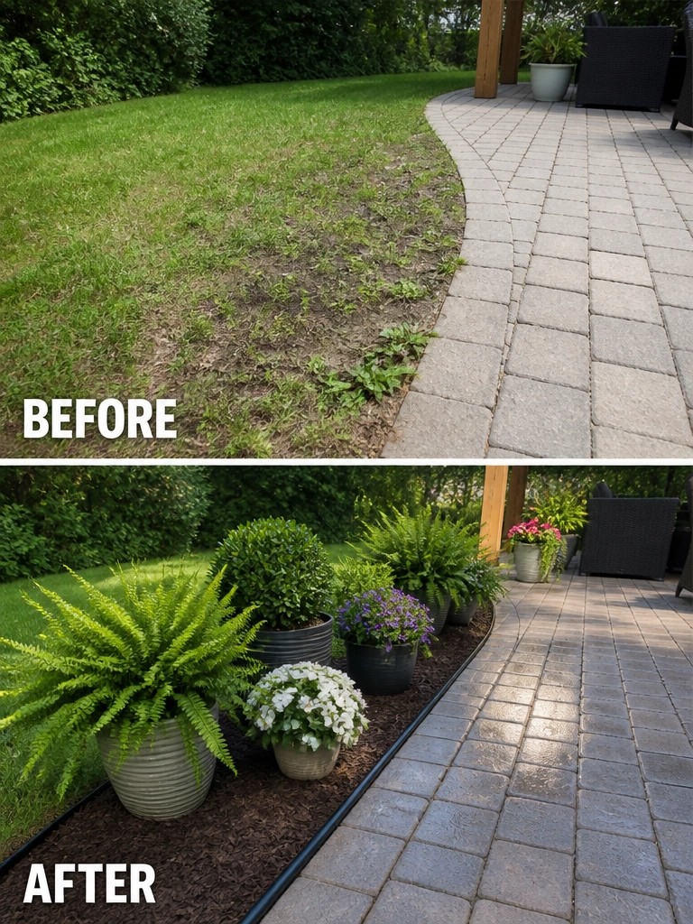 Before patchy lawn and after garden with potted plants along stone patio.