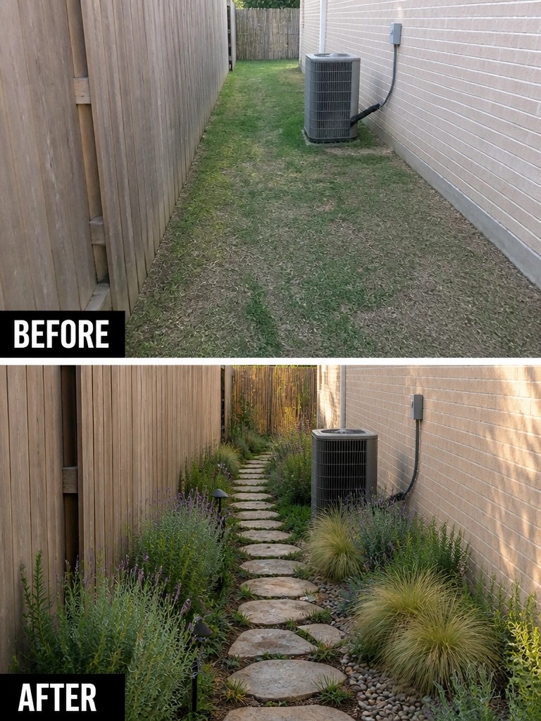Before-and-after image of a narrow side yard changed from patchy grass to a stone path with planted borders on both sides.