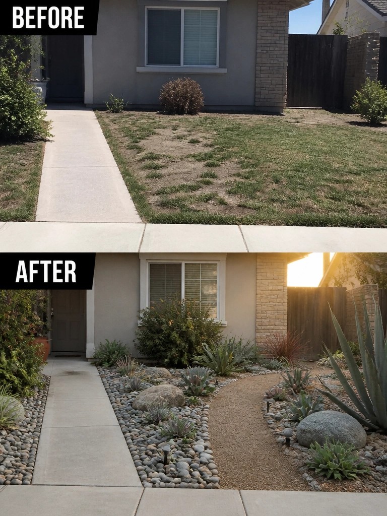 Before and after front yard: patchy grass replaced by rock garden with succulents and gravel path.