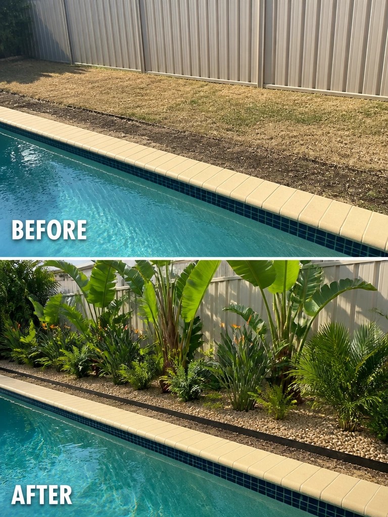 Before-and-after poolside scene with dry grass replaced by lush tropical plants and gravel.
