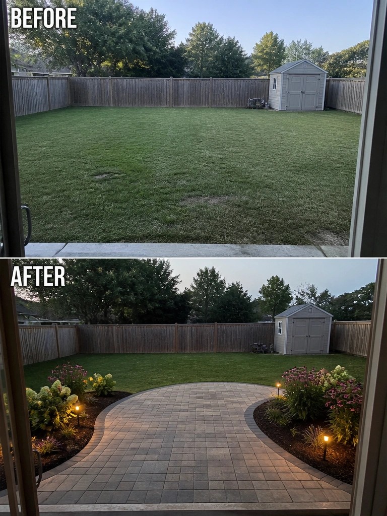 Before empty lawn and after curved patio with landscaped gardens and lights