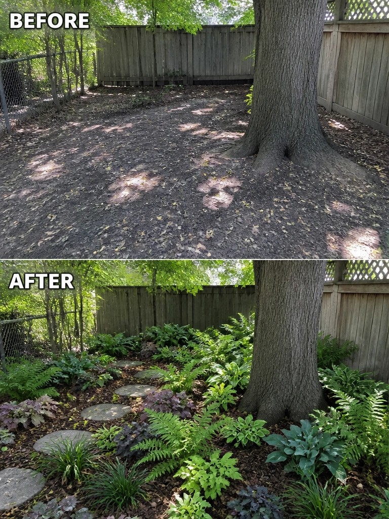 Before and after of bare yard transformed into lush garden with stepping stones around tree.
