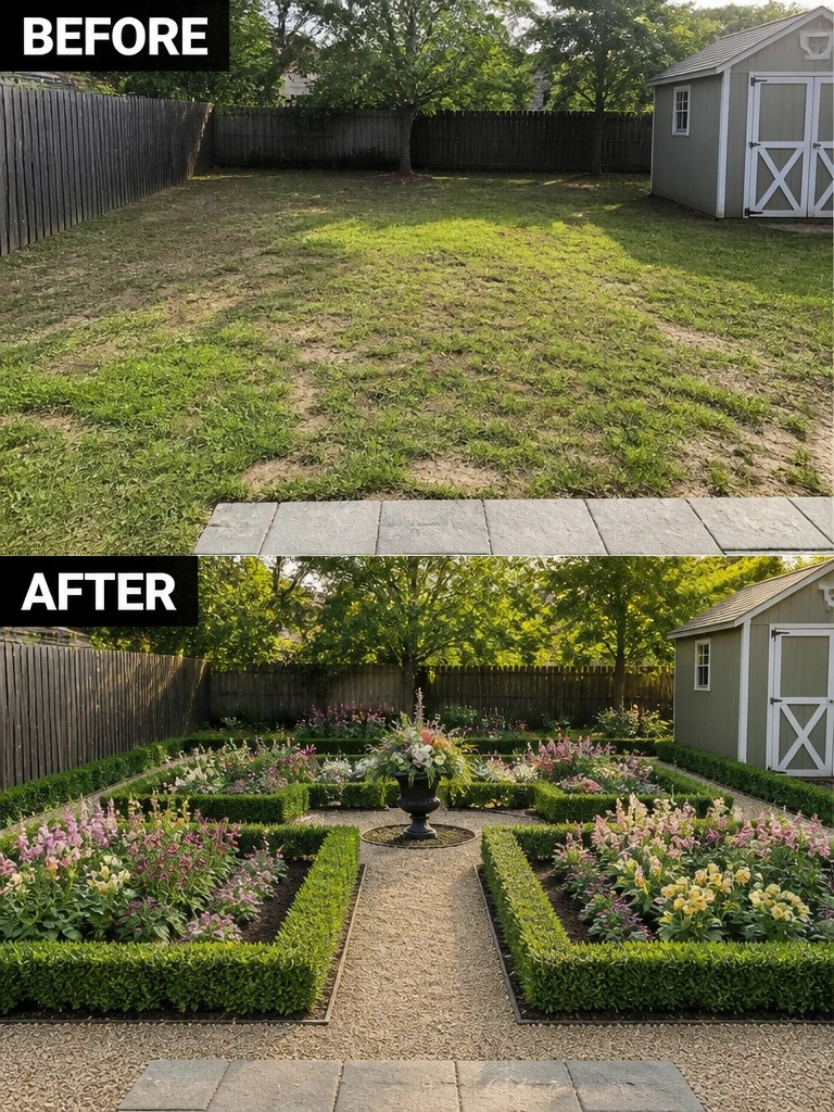 Before and after backyard transformed from patchy lawn into formal garden with hedges and flowers.