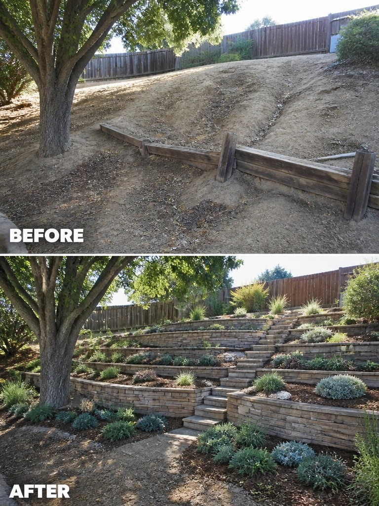 Before-and-after image of a bare dirt slope changed into multiple levels of stone retaining walls with planted garden beds.