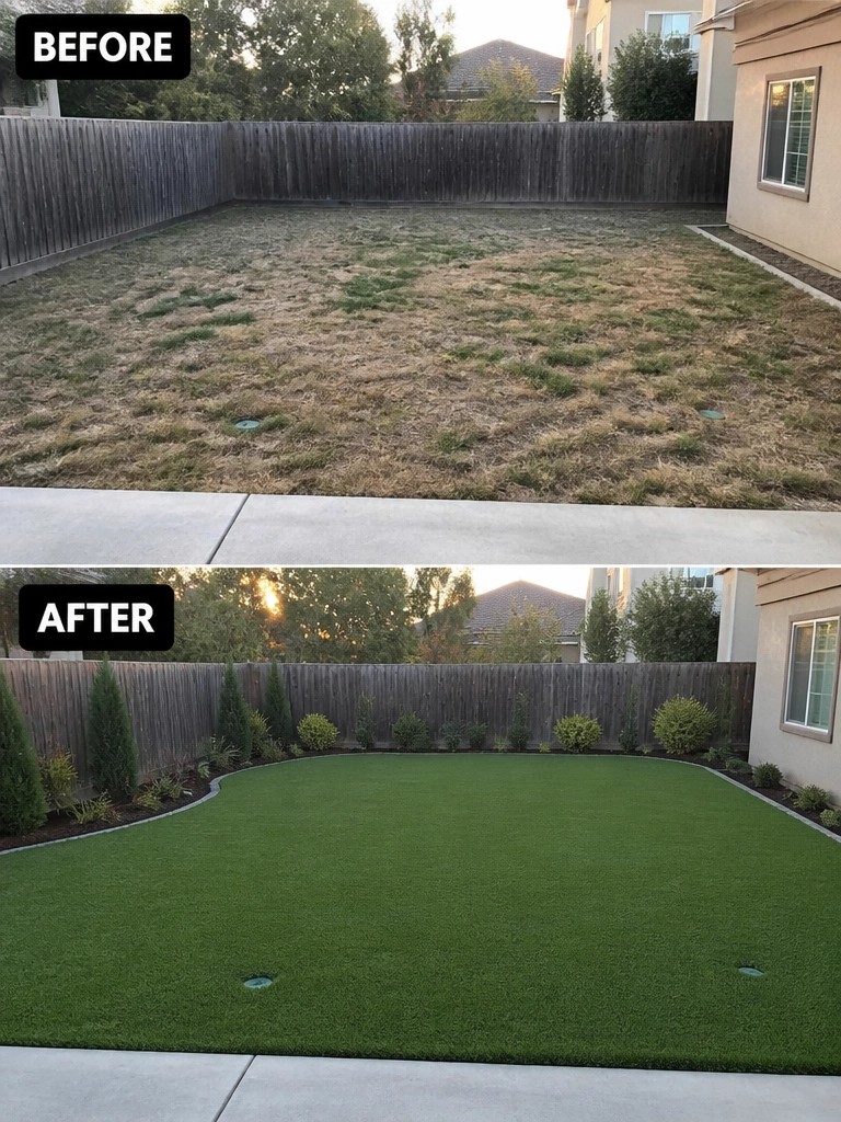 Before and after of backyard with dry patchy lawn transformed into green artificial turf.