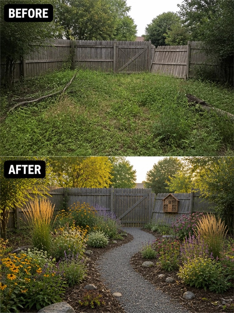 Before-and-after backyard from overgrown weeds to colorful garden with gravel path
