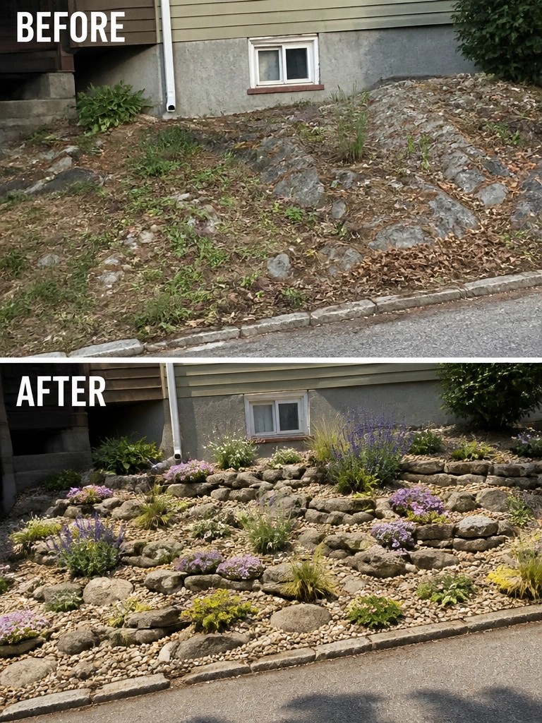 Before and after of sloped yard transformed with stone walls and blooming plants