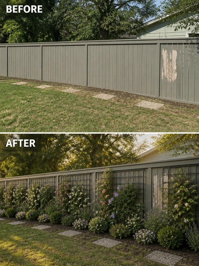 Before and after of gray fence enhanced with trellises, vines, and colorful garden plants.