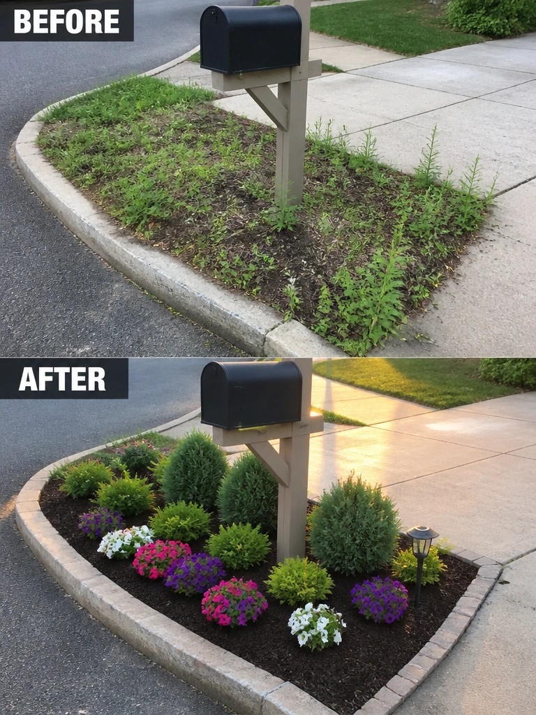 Before-and-after image of an overgrown mailbox area transformed into a neat mulched garden bed with shrubs, flowers, and brick edging.