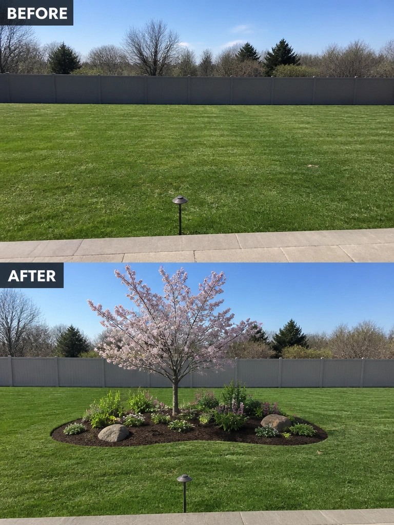 Before-and-after image of a plain lawn changed by adding a flowering tree inside a mulched garden bed with shrubs and rocks.