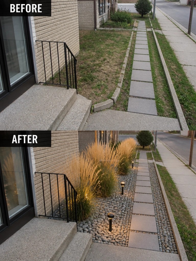 Before and after of residential walkway with added grasses, pebbles and lights.