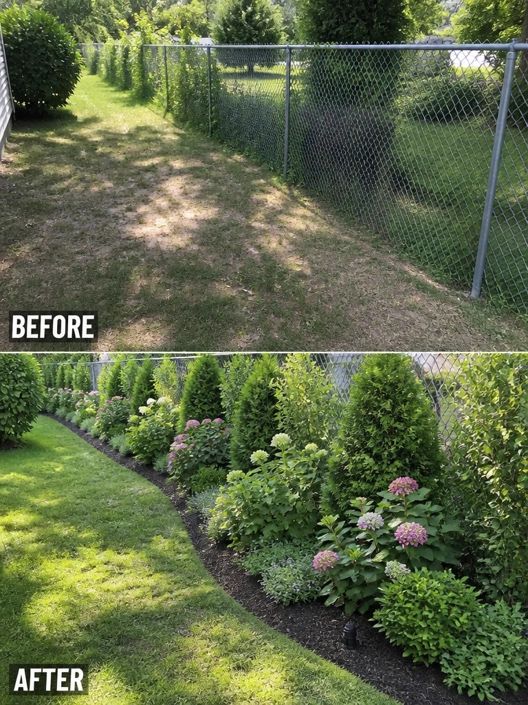 Before-and-after chain-link fence line transformed into lush garden with shrubs and flowers.