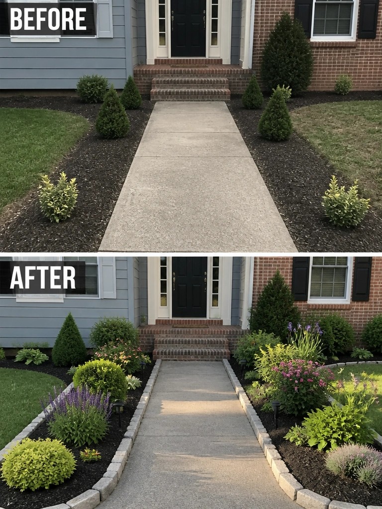 Before and after of concrete walkway with added plants, flowers and stone edging.