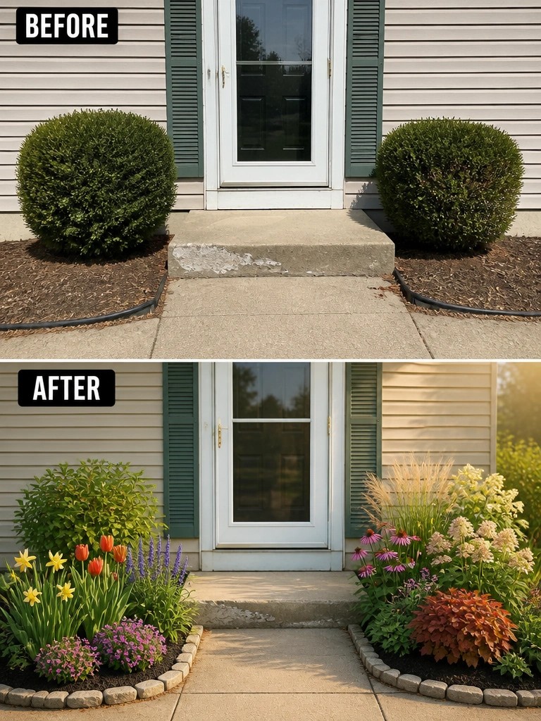 Before-and-after house entrance: plain shrubs replaced by colorful flower garden beds